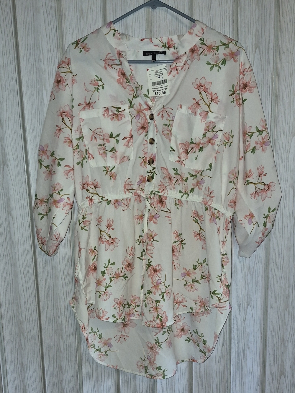 Floral Peplum Button-Front Tunic - Cream with Pink Blossoms